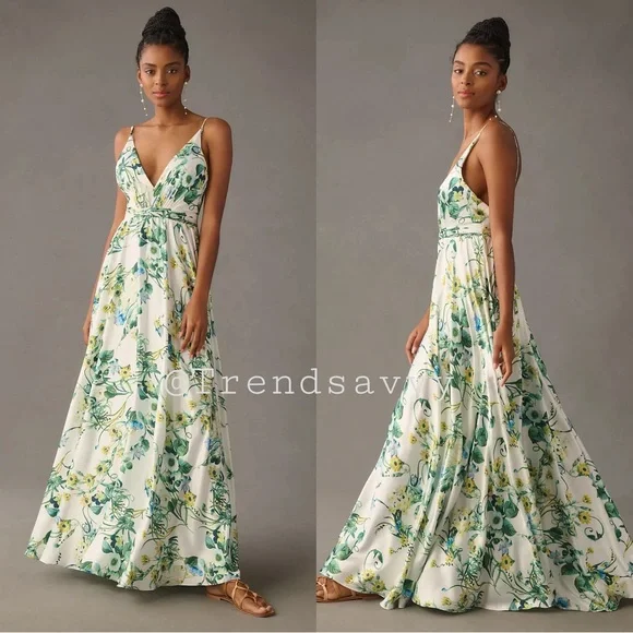 chinese dress ladies Anthropologie Floral Printed Ruffle Maxi Long Dress  White Chocolate  Couture